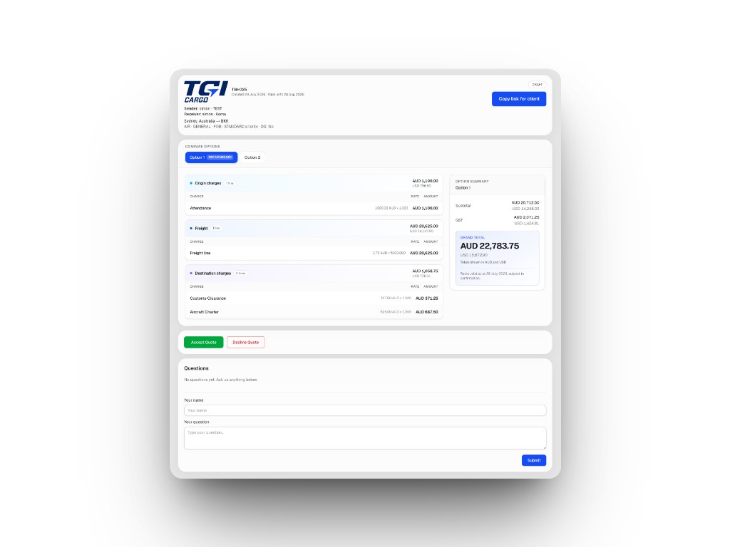 TGI Cargo client quote TGI-025 showing origin, freight, and destination charges with accept and decline actions